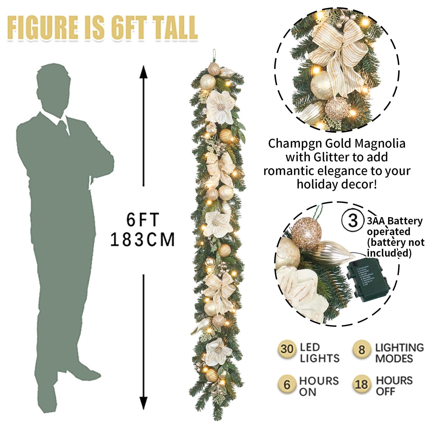 6ft White and Gold Christmas Garland with 25 LED Lights with Timer, prelit champgn Gold Garland with Magnolia and Plenty Ornament,Festive Lighted Decor for Front Door, Mantel, Stair & Fireplace