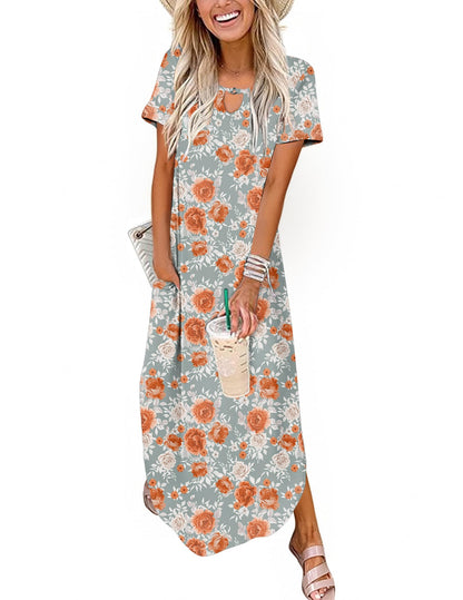 Zeagoo Womens Maxi Summer Dress with Pockets Casual Short Sleeve Sundress Trendy 2025 Curve Hem Long Dresss