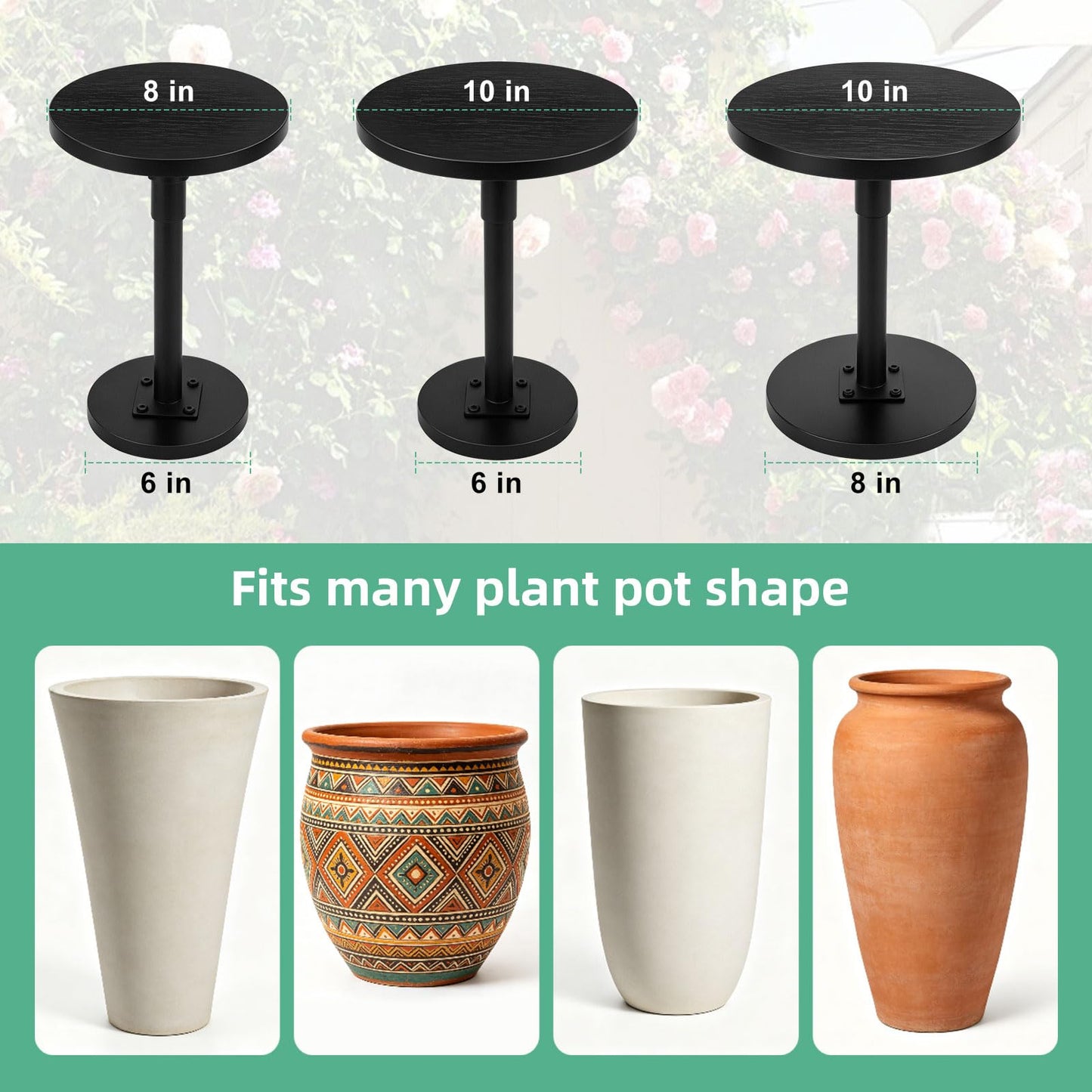 Plant Stand, Plant Risers for Inside Pots, Adjustable 12-21" with 3 Interchangeable Bases 6" 8" 10" - Metal Lifter for Tall Square Round Tapered Pots, Pot Filler Insert for Indoor Outdoor Garden, 2 PCS