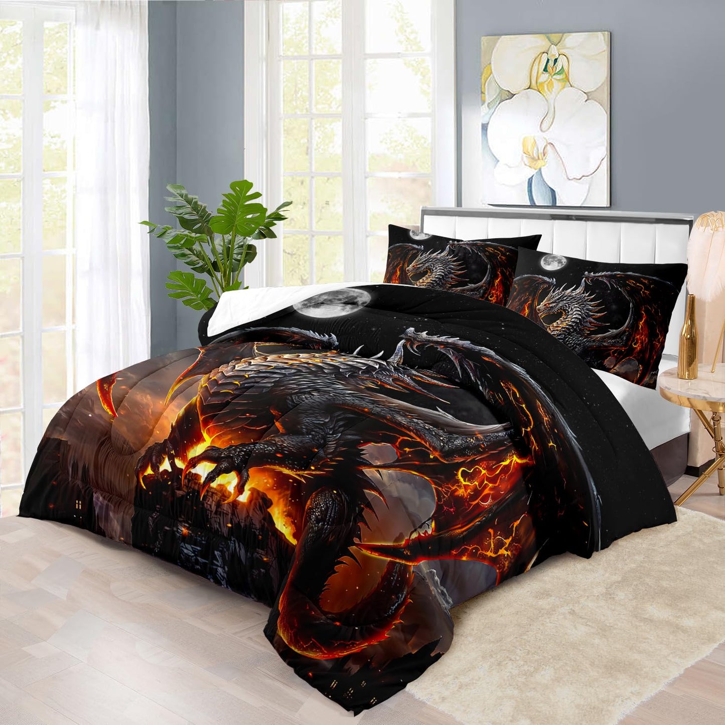 llyxsesty Black Dragon Comforter Set Full Adult,Flame Dragon Bedding Set for Boys,Magical Beast Bedding Fantasy Animal Comforter Beedroom Decor,Magical Beast Quilt Bed Decor