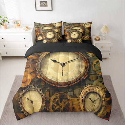 Erosebridal Ndustrial Gear 7 Pcs Bedding Set Queen Steampunk Style Comforter Set with Sheets Clocks Theme Bed in A Bag Mechanical Device Retro Brown Bedroom Decor