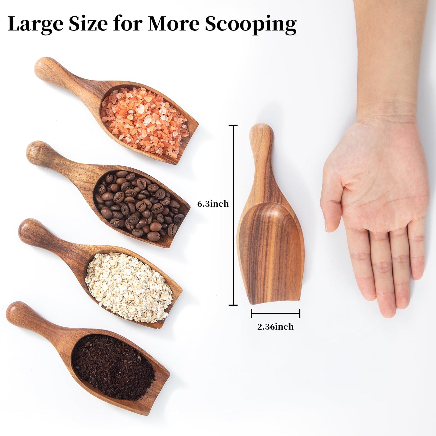 NLHL Big Wood Coffee Scoops - Acacia Wooden Scoops for Jars & Canisters, Multi-Purpose Measuring Spoons for Ground Coffee Powder, Flour, Oats, Bath Salt, Laundry Detergent Kitchen and Bath Use (4Pack)