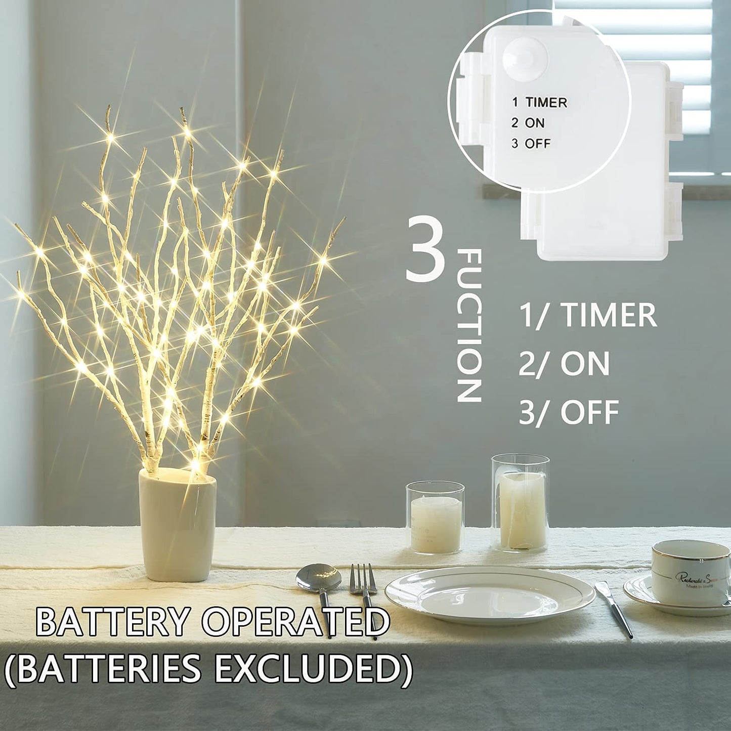 Fudios Lighted Birch Branches 18IN 70 White Willow LED with Timer Battery Operated for Christmas Party Wedding Decoration Twig Lights Outdoor