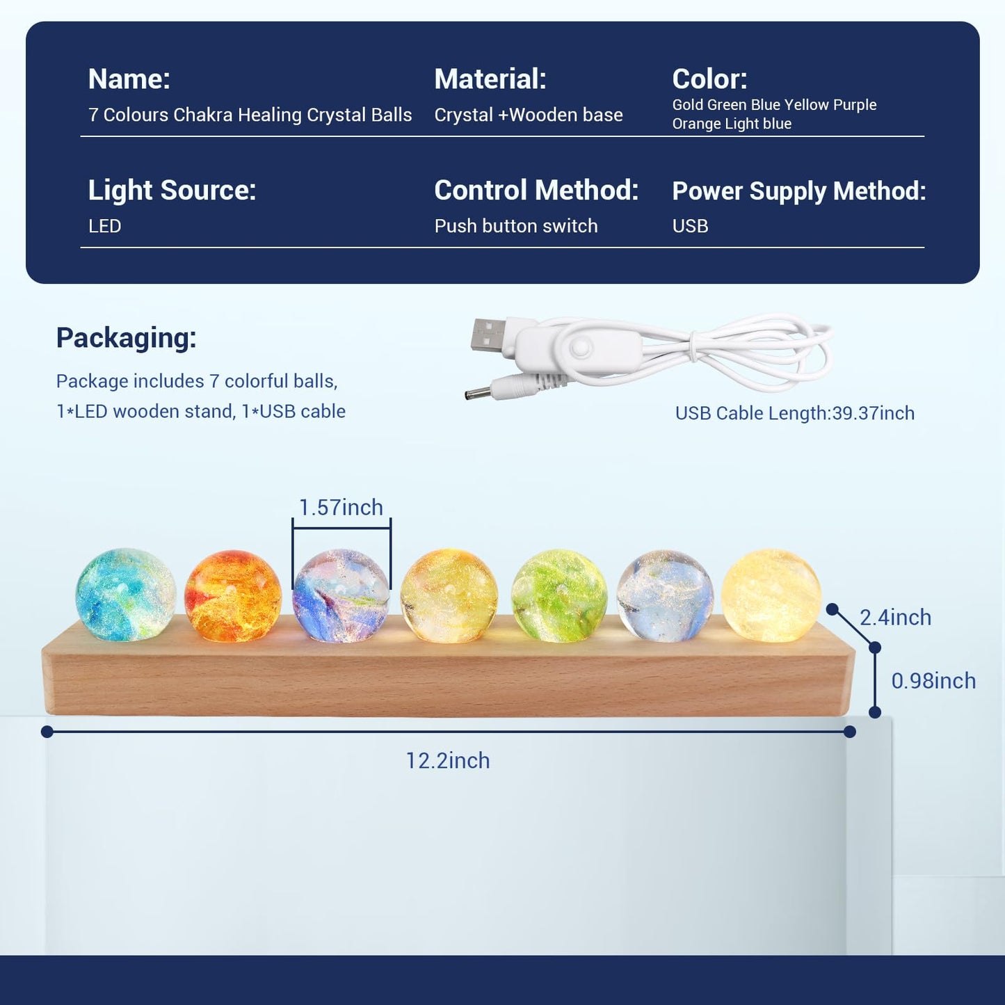 LOSCHEN 7 Chakra Natural Healing Spheres with LED Wooden Stand 40mm Crystal Quartz Stones for Meditation Energy Balancing Decor, Yoga Zen Home Office Desk Ornament