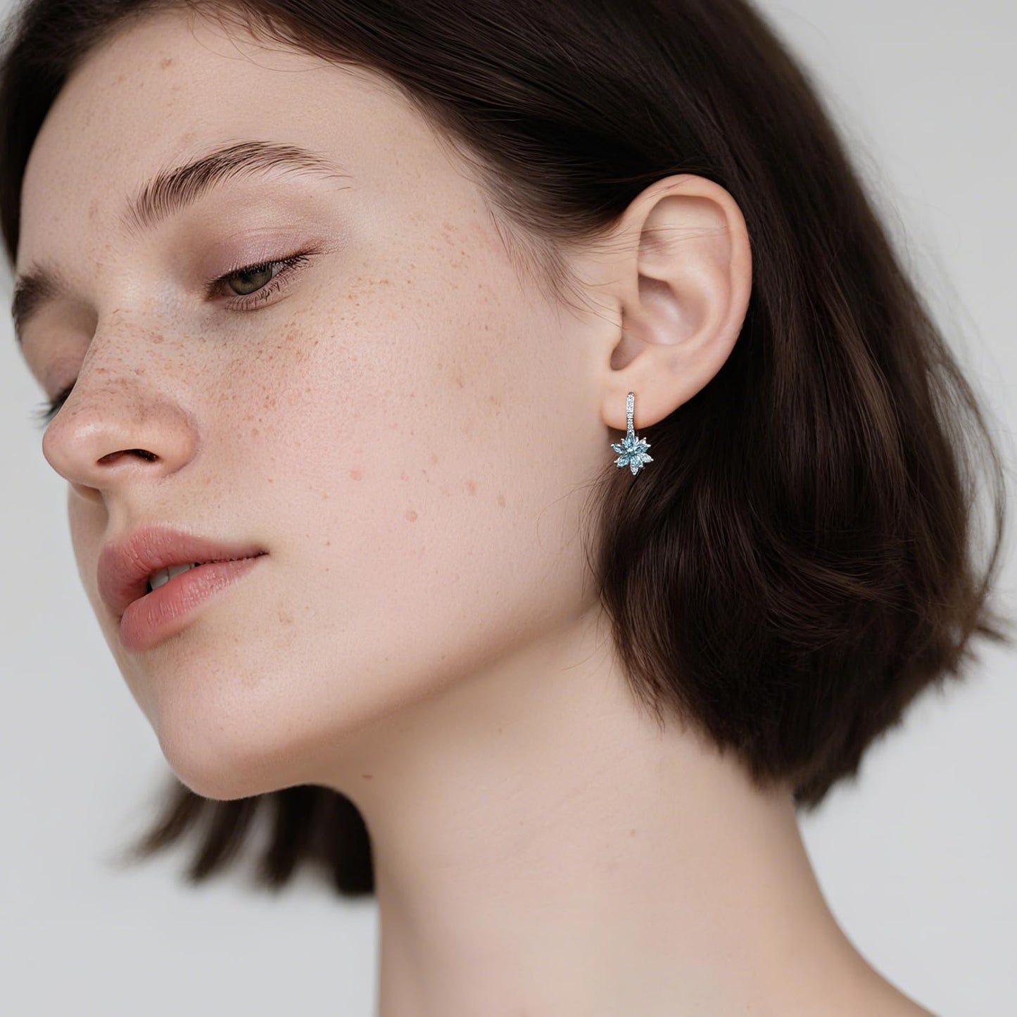 Watforsh 925 Sterling Silver Flower Earrings for Women Dangling Leverback Earrings with Aquamarine and White Crystal Double Floral