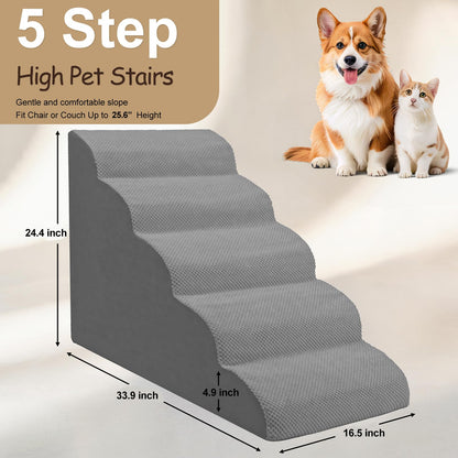 Niubya Dog Steps for Bed and Sofa, H24.4", Ramp, Dog Stairs for Small Dogs, Older and Injured Pets, with Double Anti-slip Washable Cover and High-density Foam (Grey, 5 Steps)