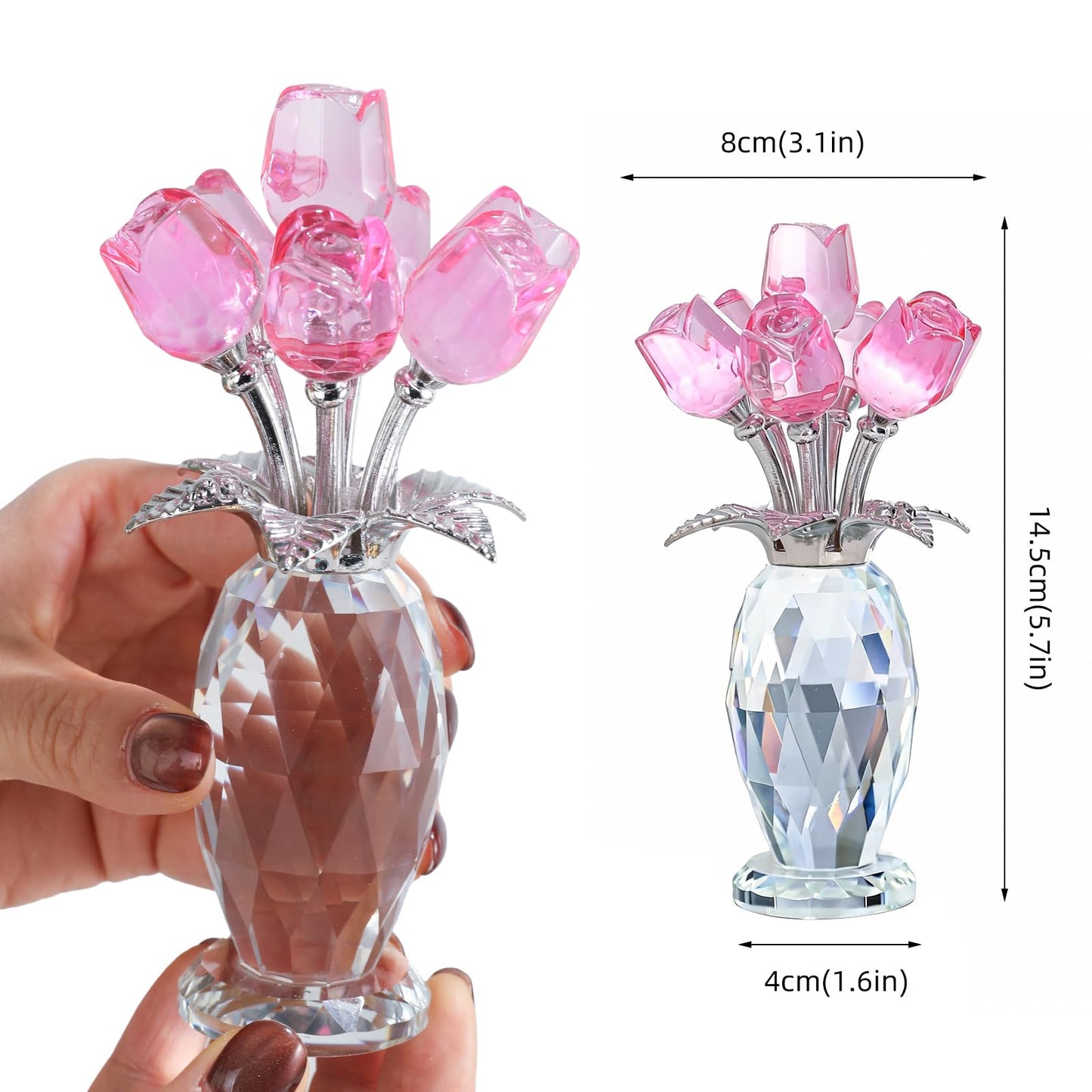 MysticGlitz Pink Crystal Rose Collectible Figurine with Faceted Vase - 5.7" Hand-Crafted Glass Flower Statue - Elegant Keepsake Ornament for Home Decor, Mother's Day, Anniversary, Wedding Gift
