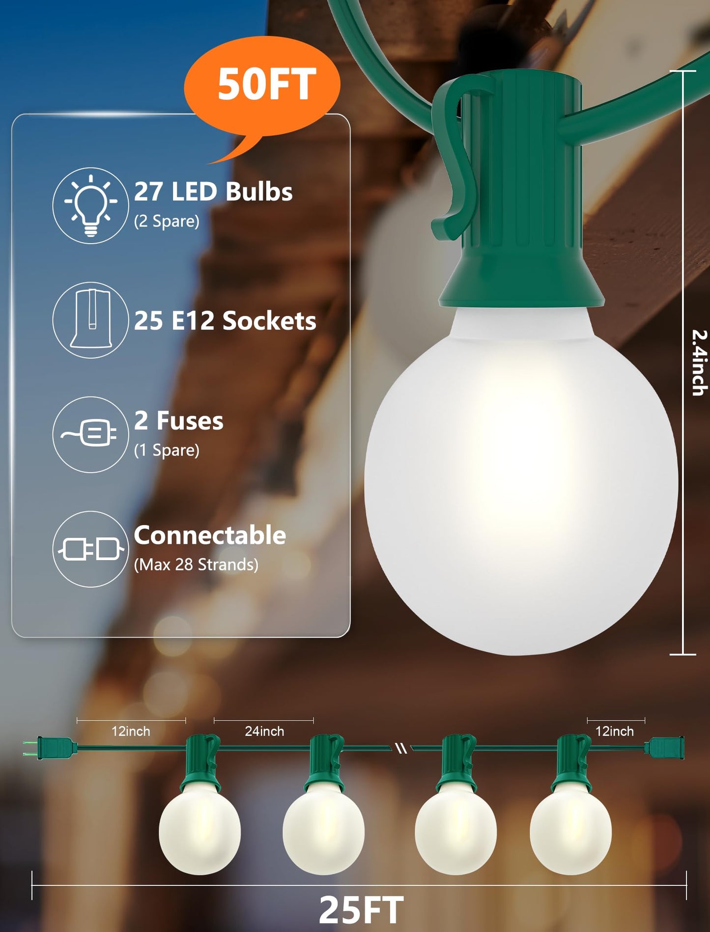 SUNSGNE G40 LED Round Christmas Lights Outdoor, 50FT Globe Christmas String Lights with 27 LED Frosted White Bulbs(2 Spare) for Patio Yard Outside Christmas Decorations