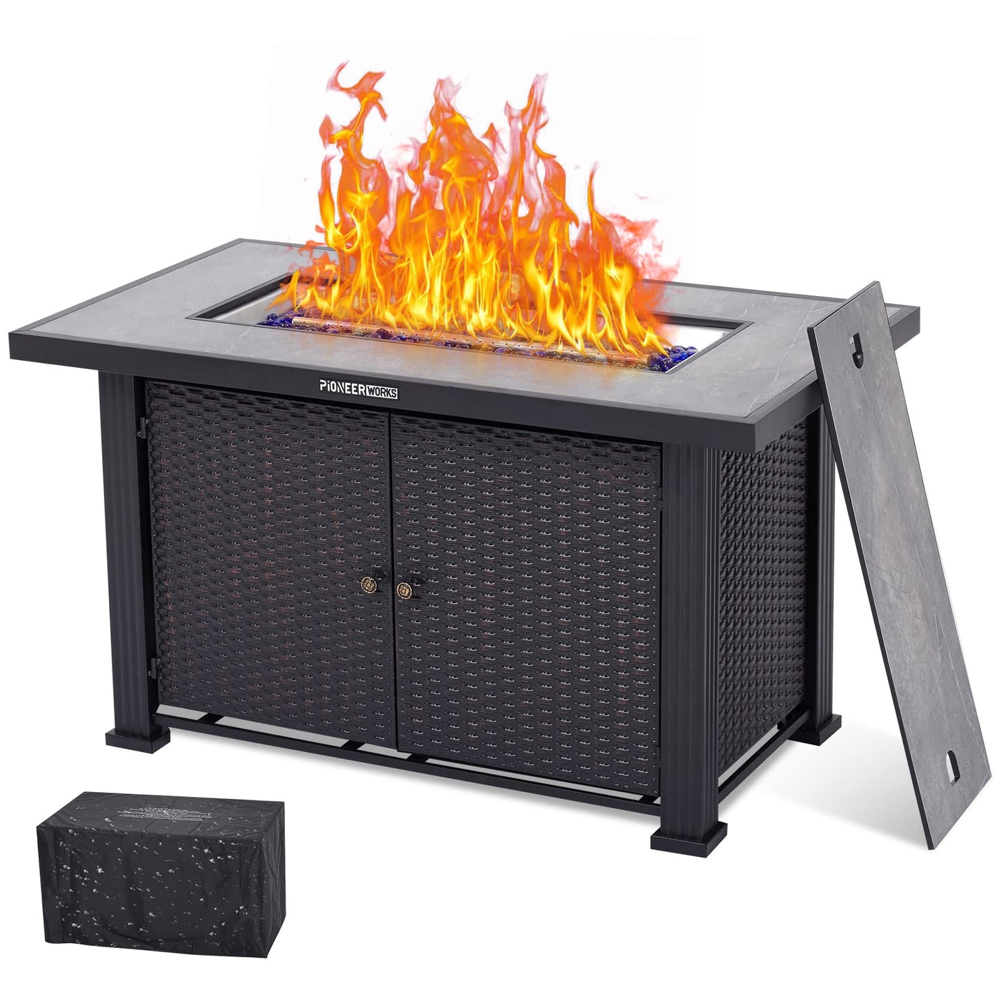 Garvee 44 in Propane Fire Pit Table (Double Door), 50000BTU Rectangle Fire Table with Cover & Rain Cover, Sturdy Steel and Iron Fence Surface, CSA Safety Certified, Companion for Your Garden