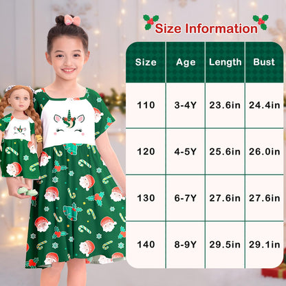 Play Tailor Doll and Girl Matching Nightgown Unicorn Outfit Pajamas Night Dress for Girls and 18" Dolls Clothes, Green, 6-7Y