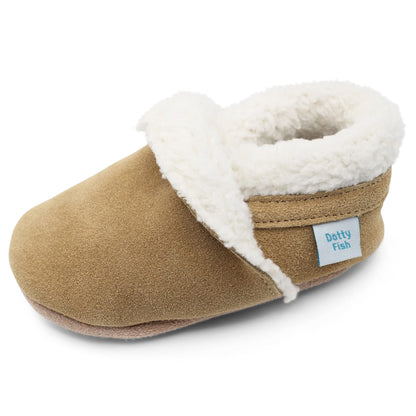 Dotty Fish Baby & Kids Suede Barefoot Slippers – Boys & Girls, 5 Styles, Non-Slip Soft Soles, Warm Fleece-Lined House Shoes, Elasticated Ankles, Podiatry Approved – Light Brown Tan 18-24 Months