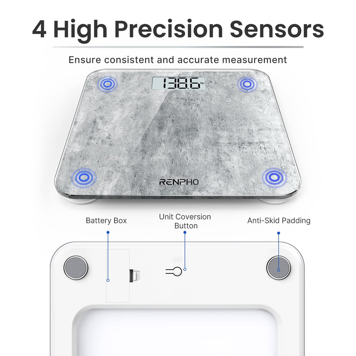 RENPHO Digital Bathroom Scales for Body Weight, Weighing Scale with High Precision Sensors Accurate, Bathroom Scales Weight Machine for People, LED Display, Step-On (ST/LB/KG), Concrete, Core 1S