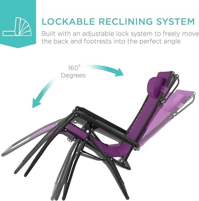 Best Choice Products 30” Wide Folding Zero Gravity Outdoor Recliner Patio Lounge Chair w/Adjustable Canopy Shade, Headrest, Side Accessory Tray - Amethyst Purple