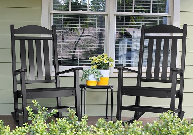 Devoko HDPE Rocking Chair Plastic Outdoor Indoor Patio Rocker Chair High Back All Weather Rocker for Patio Backyard Porch Garden (Black)