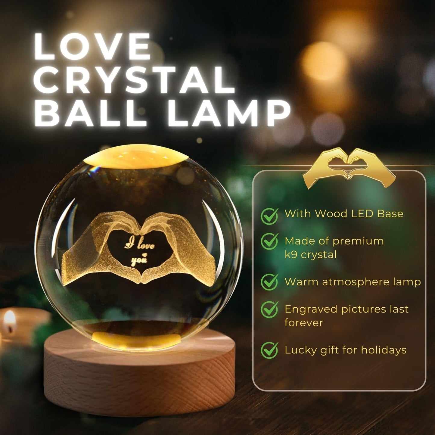 Flexzion 3D Love Crystal Ball Night Light 80mm (3.15 Inch), LED Glass Sphere Lamp with Solid Wood Base, USB Powered Adjustable Brightness Desk Decor Gift