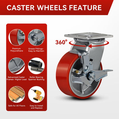 FOVERSWIVE 5"x2" Industrial Casters- Heavy Duty casters,Polyurethane Casters Wheel,Capacity up to 4000 Lb. Use for Platform Truck, U-Boat Cart,Workbenches(4 Brake)