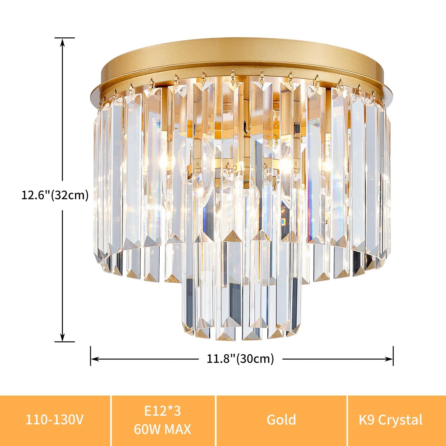 ElegLumi Crystal Ceiling Light, 3-Light Modern Flush Mount Ceiling Light Fixture for Living Room, Dinning Room, Hallway, D12 x H13inch, Brass Finish Frame & K9 Crystal