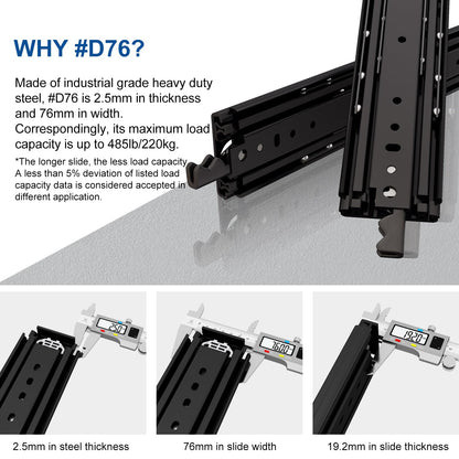 VADANIA 48" Ultra Heavy Duty Drawer Slide with Lock #D76, 3" Widening Black-electroplated Cold-Rolled Steel, Industrial Grade Heavy Load Capacity, 3-Fold Full Extension, Side Mount, 1-Pair
