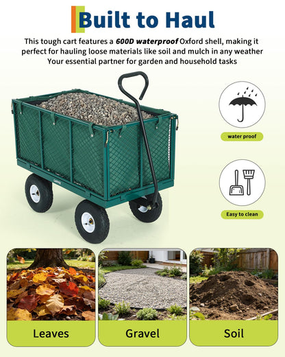 Garvee Versatile Outdoor Utility Cart-800LBS Heavy-Duty, 10" All-Terrain Pneumatic Tires, Easy Maneuverable Lawn Cart with Removable Mesh Panels for Gardening&Landscaping, Green, with Waterproof Liner