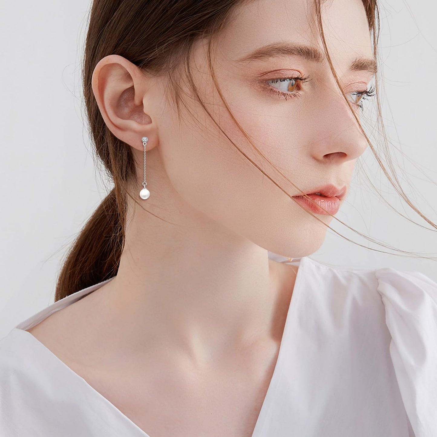 POPLYKE Pearl Drop Earrings Sterling Silver Threader Pearl Long Chain Earrings Jewelry Gifts for Women Wedding Bridesmaids(White Gold)