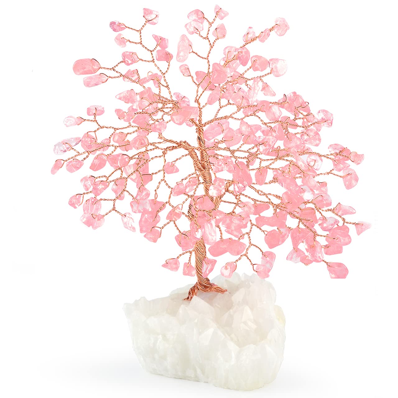MASGEMES Gemstone Crystal Tree of Life,Natural Rose Quartz Clear Quartz Cluster Base,Healing Crystal Positive Energy Bonsai Feng Shui Money Tree Home Decor for Luck and Wealth 5.5"-6.3"