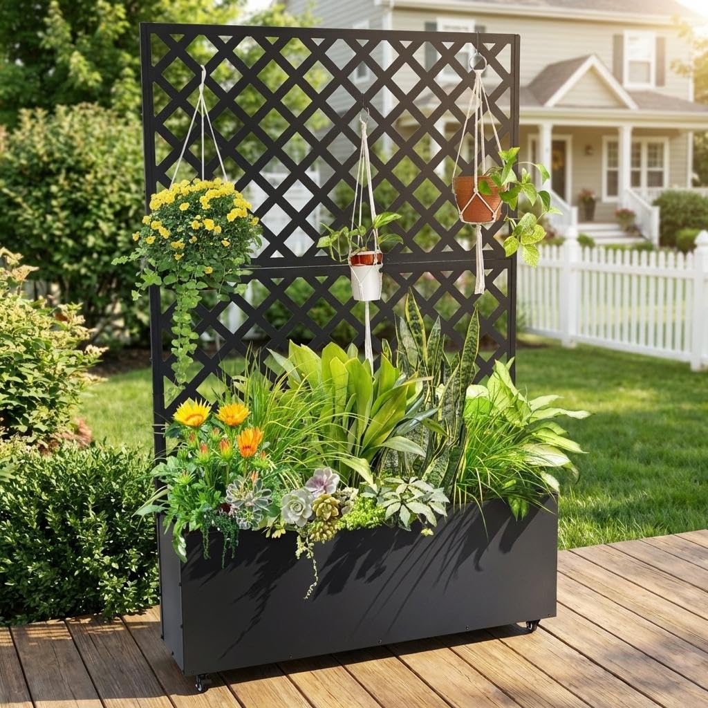 IDEALHOUSE 72" Raised Garden Bed with Trellis, Galvanized Steel Planter Box with Lockable Wheels, Mobile Privacy Screen for Climbing Plants Outdoor Patio Balcony, Black