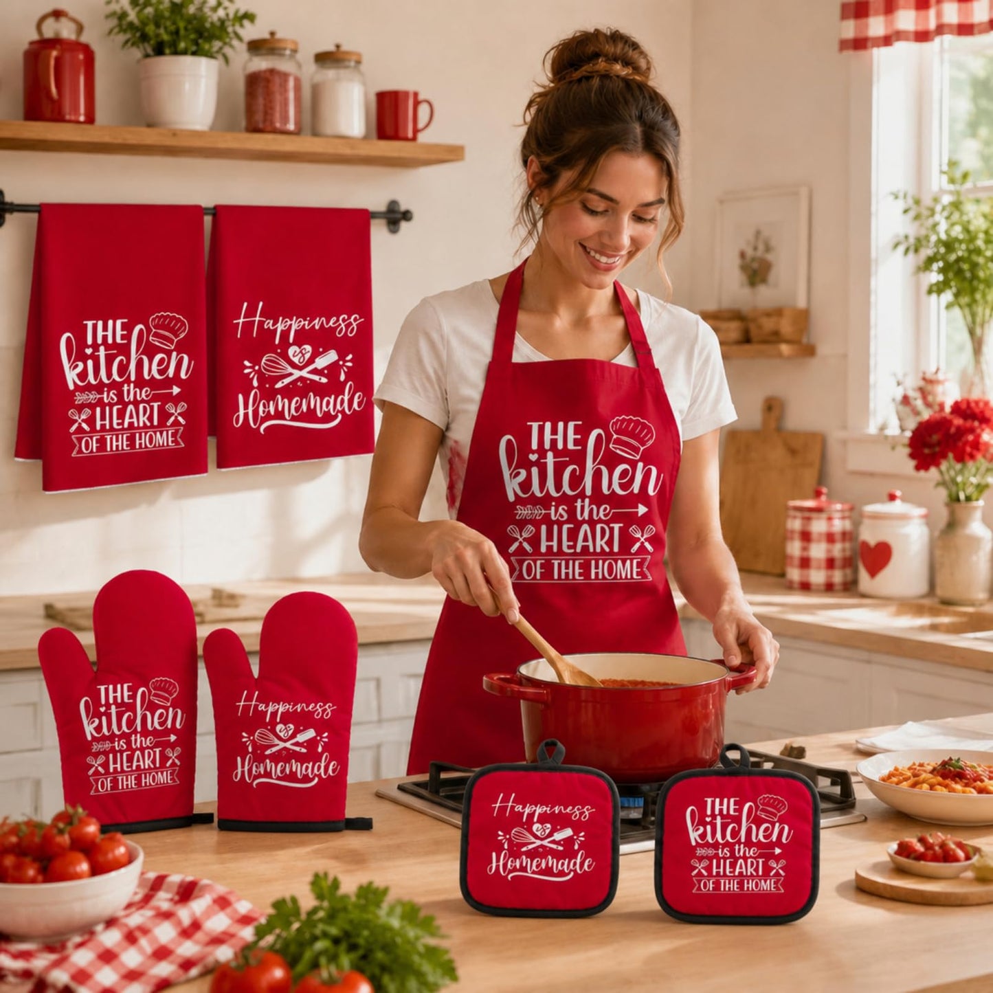 Sratte 6 Pcs Kitchen Decor Accessories Set Farmhouse Towels Pot Holders Oven Mitts Set 2 Dish Towels 2 Potholders 2 Cooking Mittens Oven Glove for Christmas Baking Cooking Supply(Red,Kitchen)