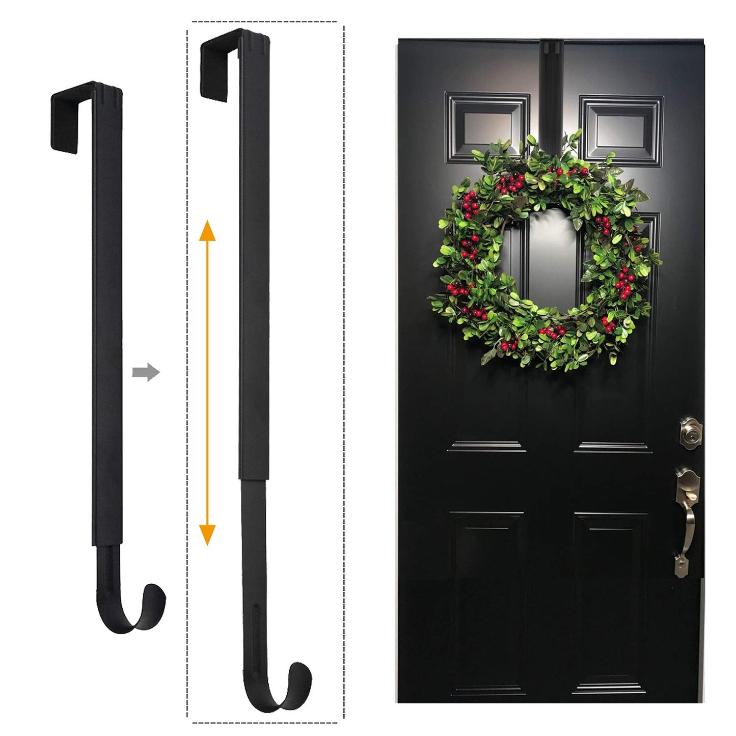 LBSUN Wreath Hanger, Adjustable Over The Door Wreath Hanger from 14.9 to 25 Inches & Wreath Holder & Wreath Door Hanger for Front Door Decor 20 lbs Larger Christmas Decorations Hook (Black)