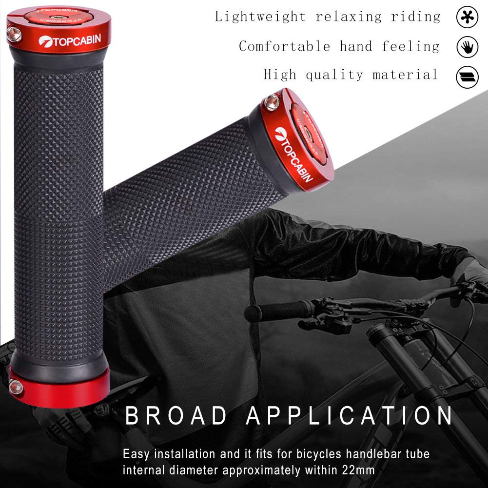 TOPCABIN Bicycle Grips,Double Lock on Locking Bicycle Handlebar Grips Rubber Comfortable Bike Grips for Mountain BMX ((Aluminum Lock Plug) Red 1 Pair)