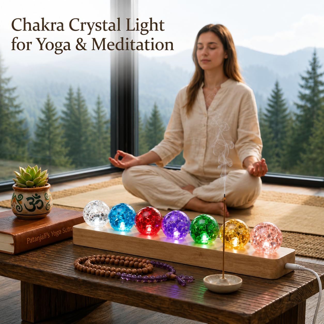 JINWU ClearPeak 7 Colors 40mm Ice Cracked Crystal Balls, Chakra Healing Sphere with LED Wooden Base, Glass Night Light for Home Living Room Meditation, Valentines Day (Set 7-Rainbow)