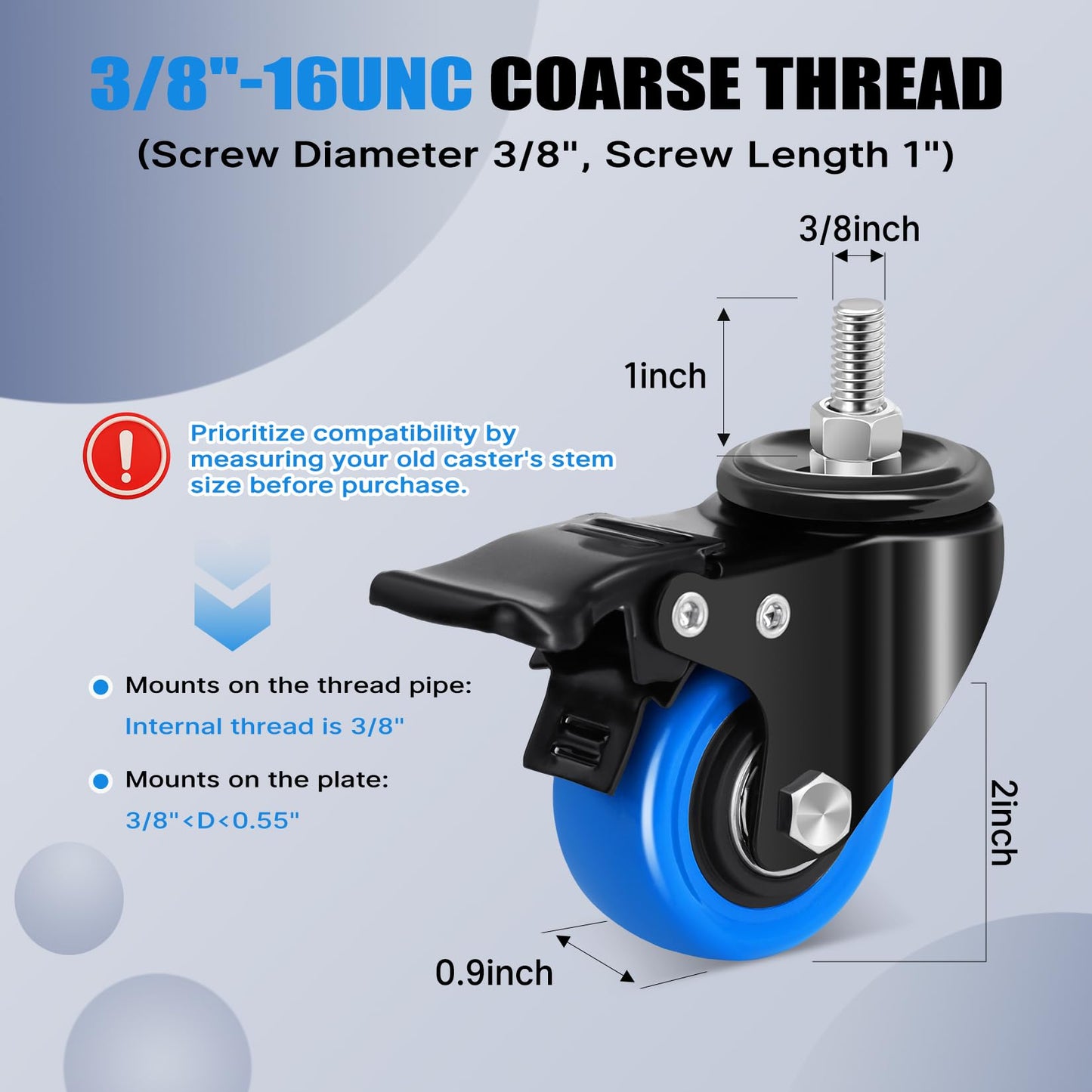 Humagineer Stem Caster Wheels 2 Inch, Heavy Duty Threaded Stem Casters, 3/8"-16 x 1 (Screw Diameter 3/8", Length 1") Swivel Casters Set of 4 with Safety Dual Locking Wheel for Furniture and Cart