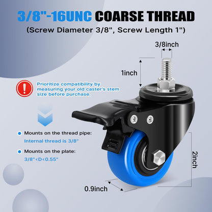 Humagineer Stem Caster Wheels 2 Inch, Heavy Duty Threaded Stem Casters, 3/8"-16 x 1 (Screw Diameter 3/8", Length 1") Swivel Casters Set of 4 with Safety Dual Locking Wheel for Furniture and Cart