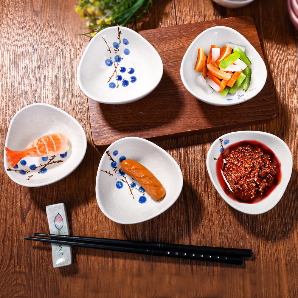 Whitenesser Ceramic Dipping Bowls Set of 5, 3.7 oz Japanese Style Mini Sauce Dishes, Hand-Painted Floral Patterned Prep Bowls for Soy Sauce, Sushi, Condiments, and Spices, Stackable Round Ramekins