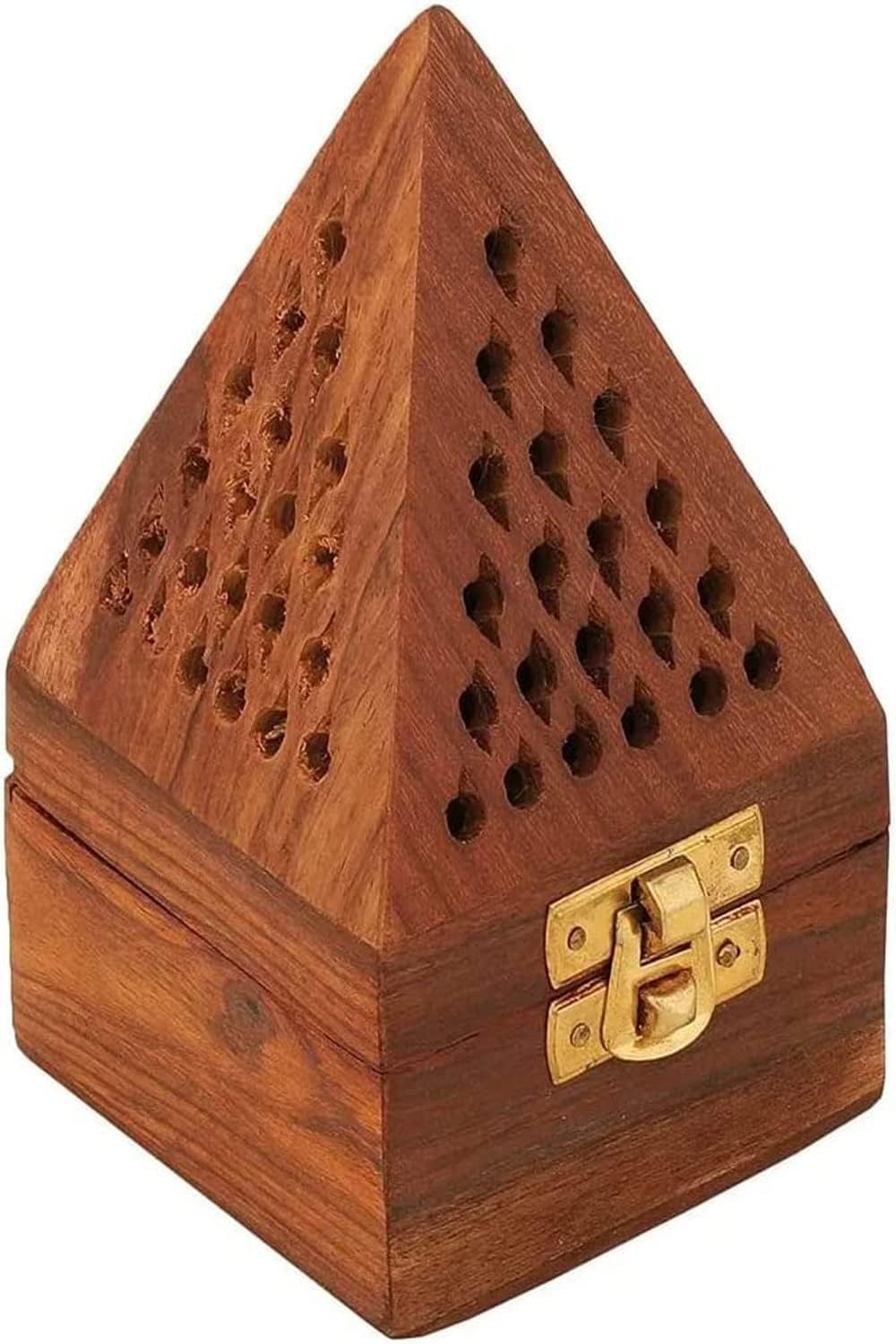 Luvikka's Handmade Wooden Pyramid Incense Holder, Natural Wood Ash Catcher with Brass Latch, 5 Inch Cone Burner for Aromatherapy Meditation Yoga