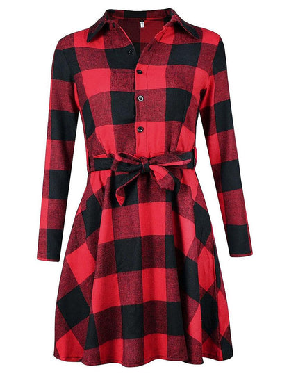 FANCYINN Womens Christmas Plaid Dresses Flannel Button Down Long Sleeve Shirt Dress Winter Casual Dresses Mini Dress with Belt Red XS