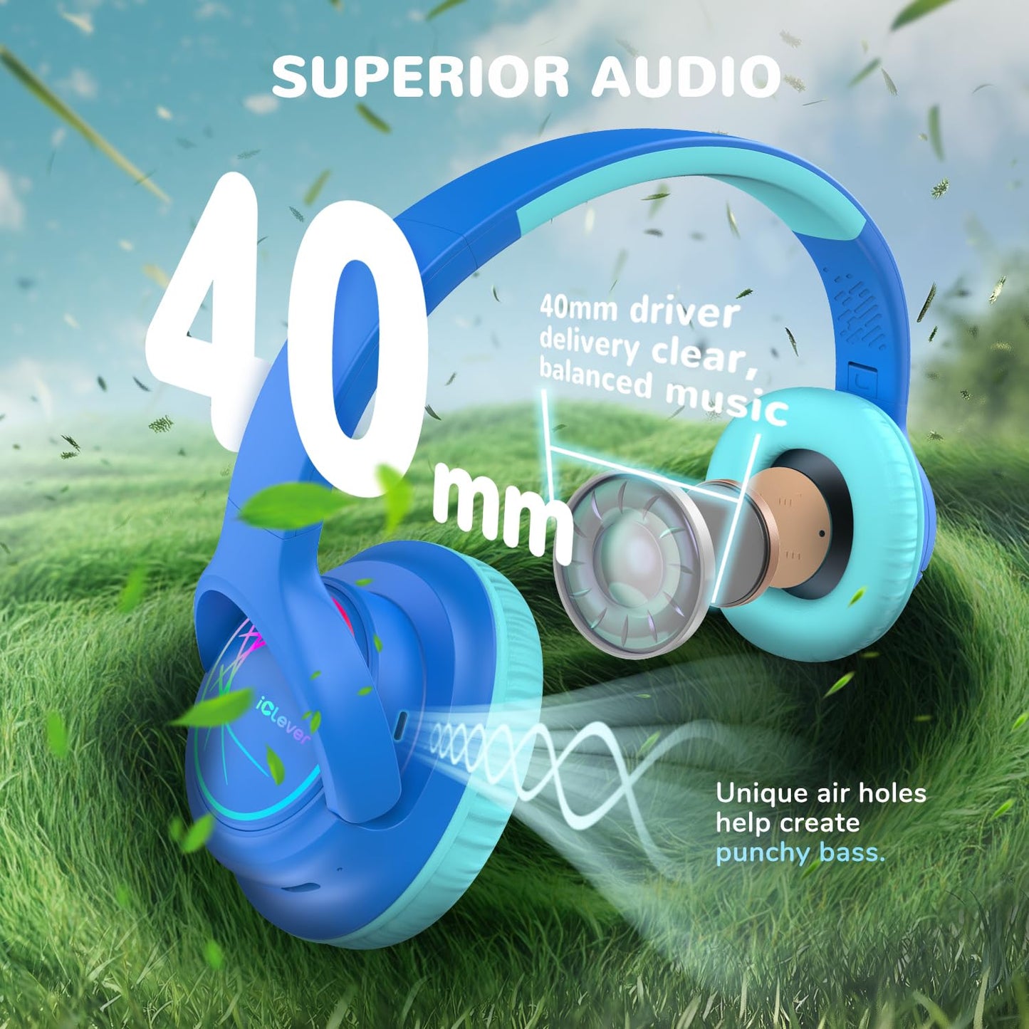 iClever Kids Wireless Headphones with LED Lights, BTH18 Safe Volume 74/85dBA, 43H Playtime, Stereo Sound, Type-C, AUX Cable, Bluetooth5.3 Over Ear Kids bluetooth Headphones for Tablet/Travel