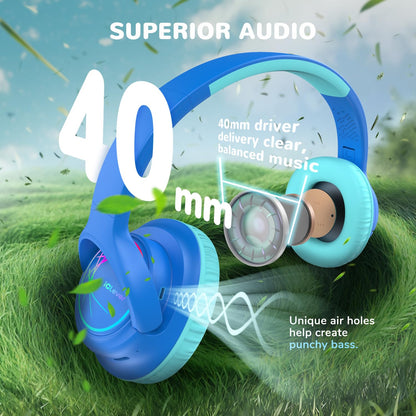 iClever Kids Wireless Headphones with LED Lights, BTH18 Safe Volume 74/85dBA, 43H Playtime, Stereo Sound, Type-C, AUX Cable, Bluetooth5.3 Over Ear Kids bluetooth Headphones for Tablet/Travel