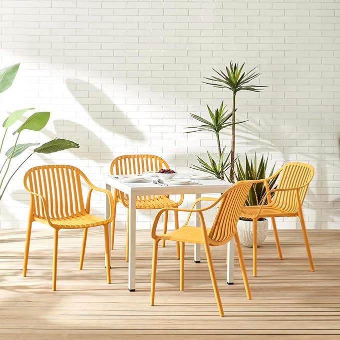 Modern Stackable Outdoor & Indoor Plastic Dining Chairs Set, Armchairs Set, Weather-Resistant, Ideal for Patios, Cafes, and Home Use, Set of 4 (Mustard Yellow)