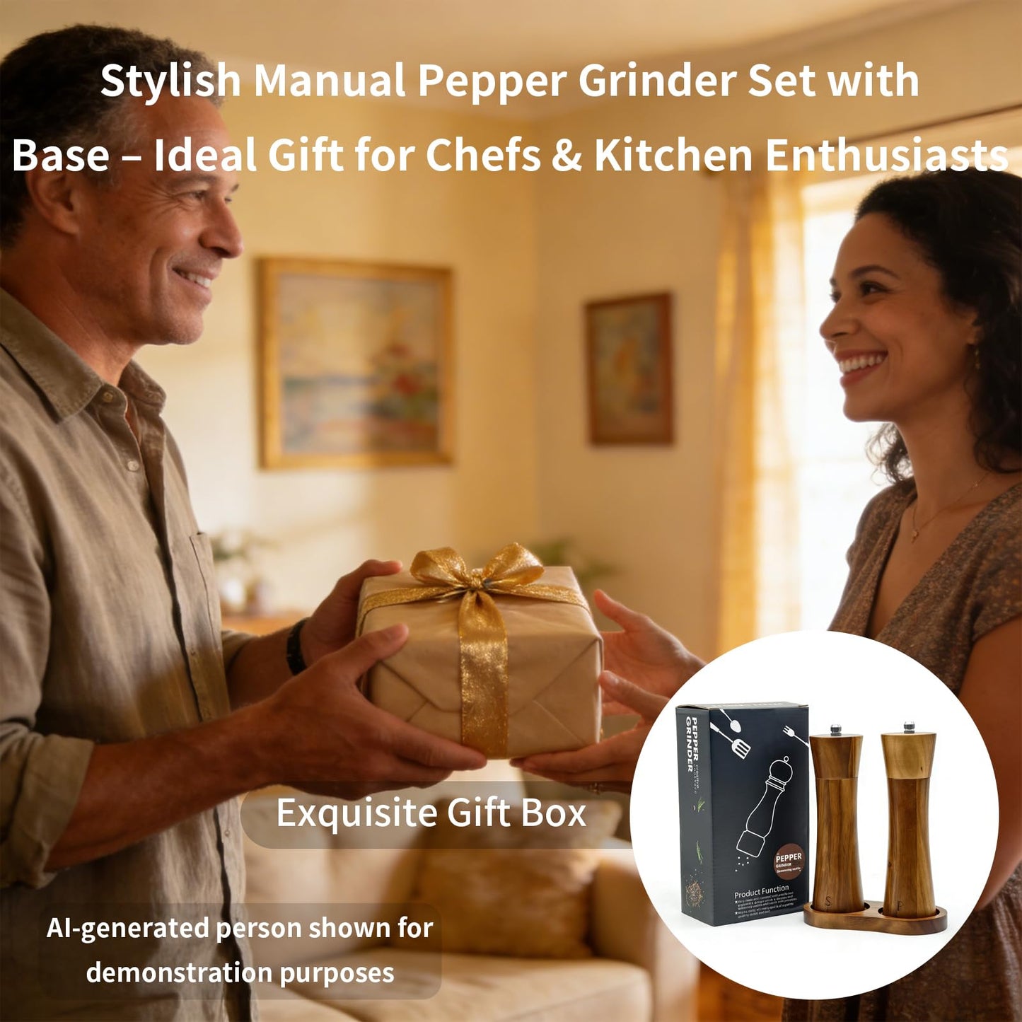 Amestar 2 Pack Acacia Wooden Salt and Pepper Grinder Set, 8.3 Inch Salt Grinder Refillable with Adjustable Coarseness, Manual Pepper Grinder with Ceramic/Stainless Steel Core, Home Essentials