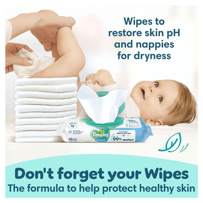 Pampers Premium Protection New Baby Size 1, 180 Nappies, 2kg-5kg, Monthly Pack + Pampers Harmonie Aqua Baby Wipes 1 pack of 10 Wipes