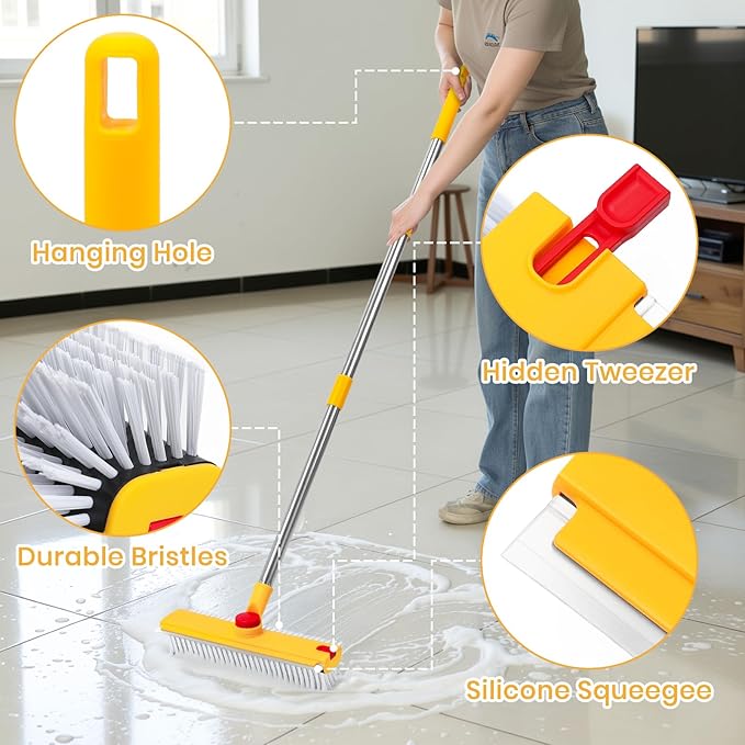 64in Floor Scrub Brush with Long Handle, 3 in 1 Hard Bristle Cleaning Brush