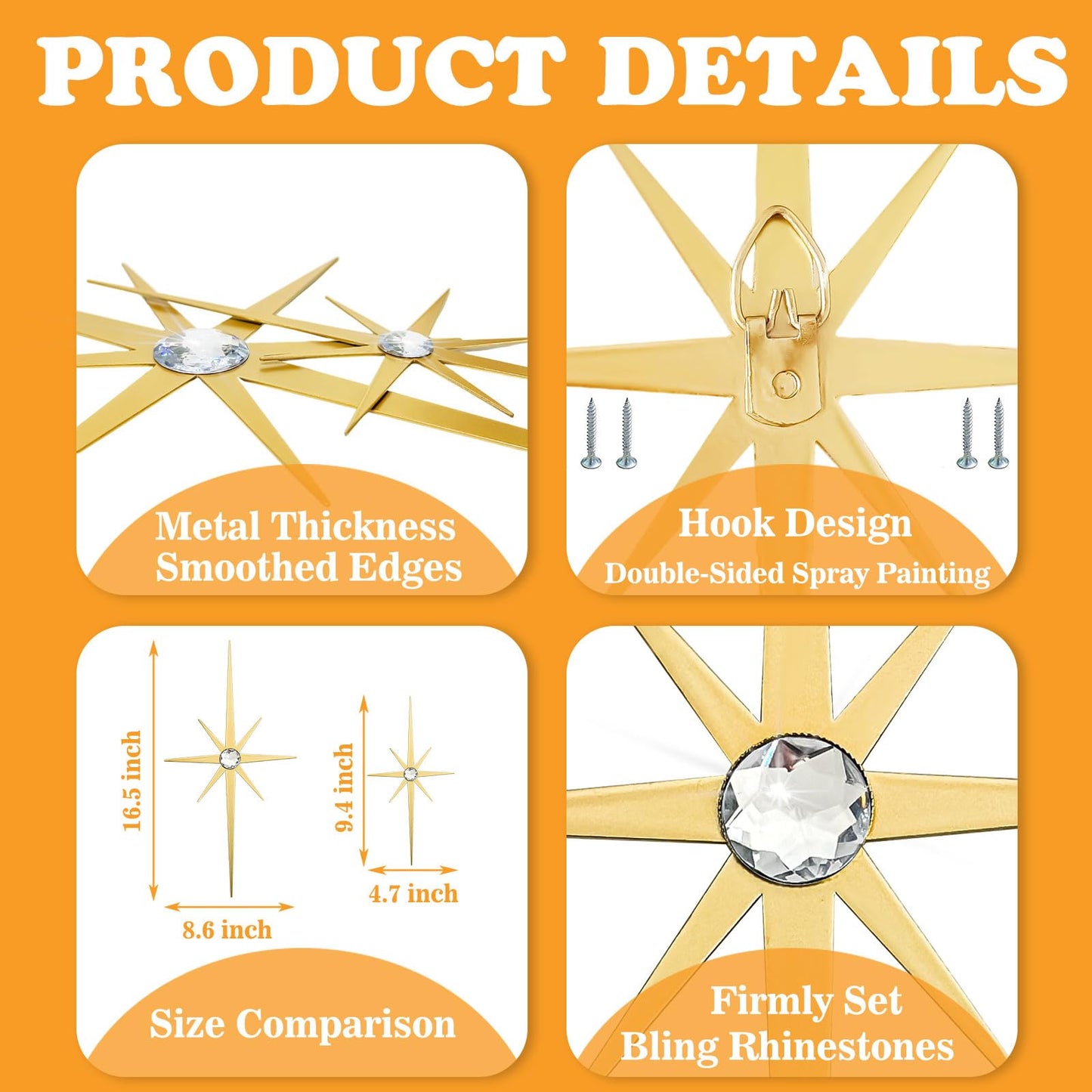 Sxnzequnze 4 Pcs Star Wall Art for Home Decor Living Room Bedroom Office Metal 3D,Bling,with Hanging Hook Starburst Midcentury Sculpture Retro Gallery Accent Celestial -Gold 16.5in/9.4in