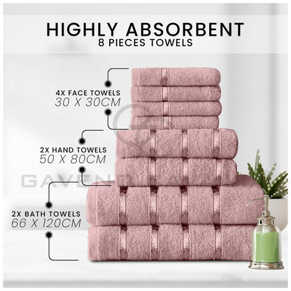 GC GAVENO CAVAILIA 8 Piece Towel Bale Set, Quick Dry Highly Absorbent Cotton Towel Sets Bathroom, Blush Pink Towels Sets 450 GSM, 4x Face Towel 2x Hand Towels 2x Bath Towels
