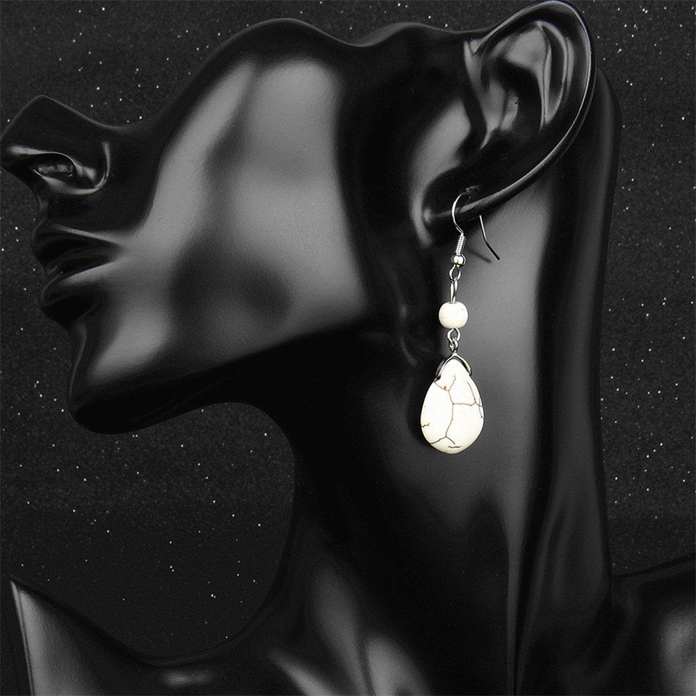 Double Turquoise Drop Earrings Natural Stone Round Bead Ball Dangle Earrings for Women Fashion Jewelry Gift (L:white)