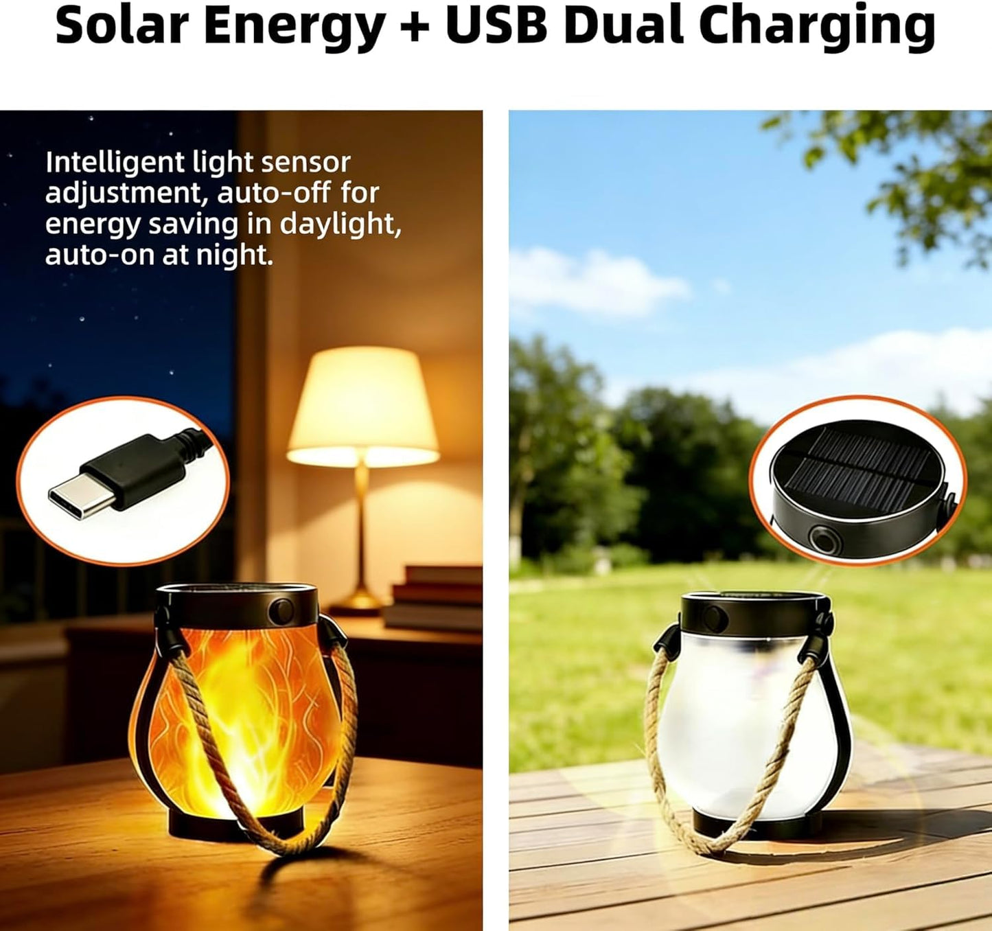 ATDEXT 4PCS Solar Lanterns Outdoor with Ultra-Real Flame, Outdoor Flickering Hanging Lights IP65 Waterproof, 2 Modes, Dual USB/Solar, Auto On/Off for Garden Yard Patio Porch Halloween Christmas Decor