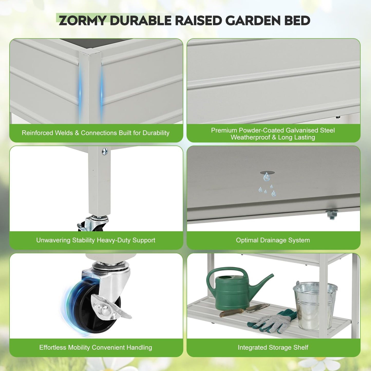ZORMY 32" Tall Galvanized Raised Garden Bed with Legs Wheels & Shelf, Elevated Planter Box Outdoor for Vegetables, Herbs & Flowers, Patio & Backyard, Garden Bed with 400lb Capacity，Grey