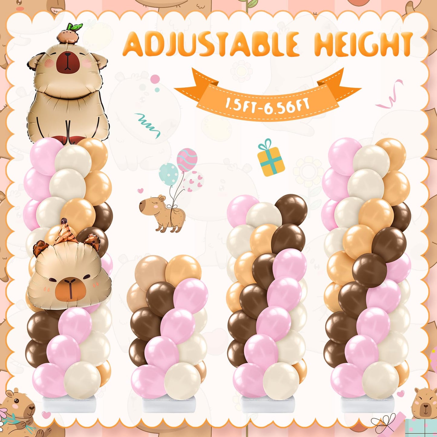 Kasyat 2 Sets Capybara Balloon Column Stand Kit Pink Brown Beige Orange Balloons Arch Garland for Capybara Birthday Party Gender Reveal Baby Shower Animal Theme Decoration