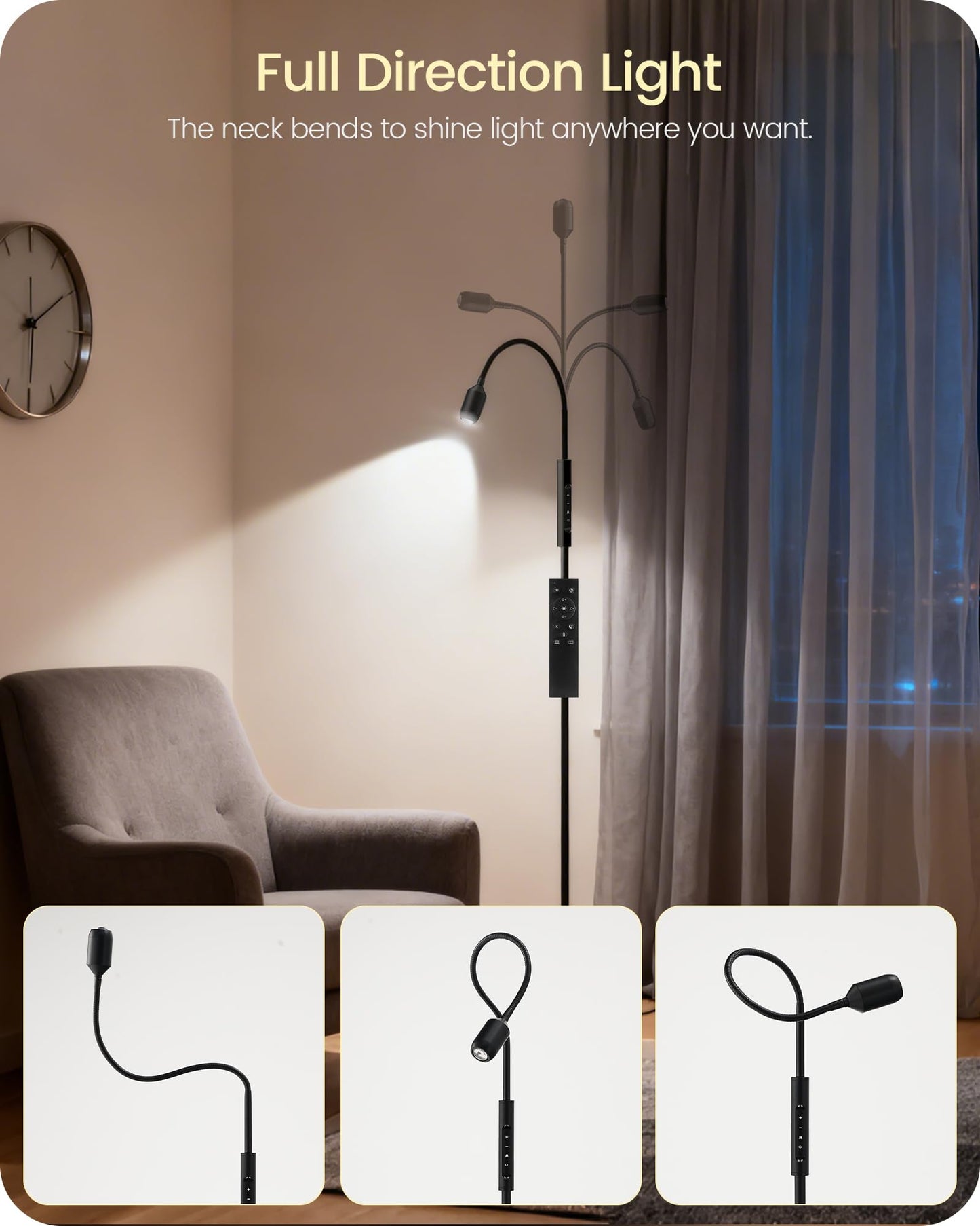 GOEBLESON Reading Floor Lamp, 74.2" Tall LED Lamp, with 360° Flexible Gooseneck & Touch & Remote Control, Ajustable Color & Beam, Crafts Standing Lamp, for Reading, Task Craft, Living, Black WB16LD05