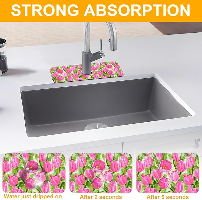2 Pack Watercolor Tulips Sink Faucet Absorbing Mat Pink Tulips Super Absorbent