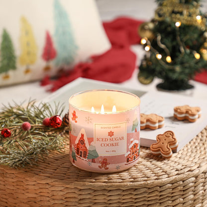 Christmas Scented Candles, Sugar Cookie & Vanilla Scented, Large 3 Wicks Candle, 14 oz, Christmas Candle Gift